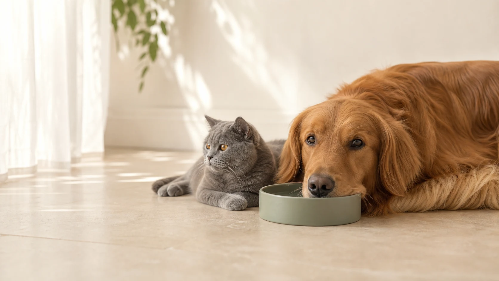 Un chien et un chat paisiblement installés dans un intérieur lumineux